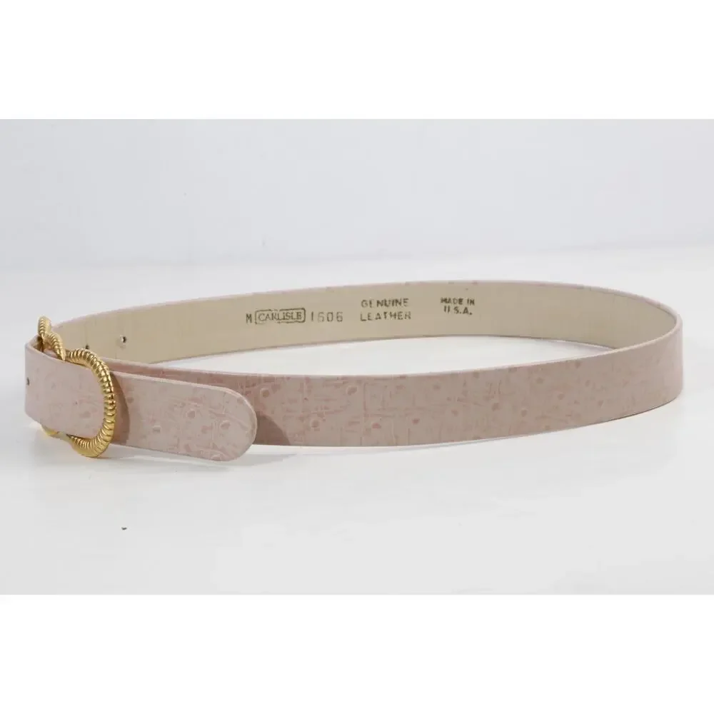 VTG Carlisle Blush Pink Ostrich Leather Belt Gold Ribbed Triple Ring Buckle M